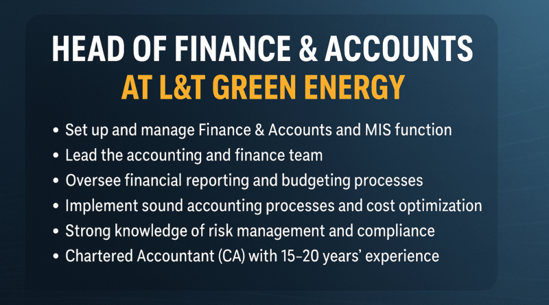 "Lead Finance Operations at L&T Green Energy | Head of Finance & Accounts Position Open"